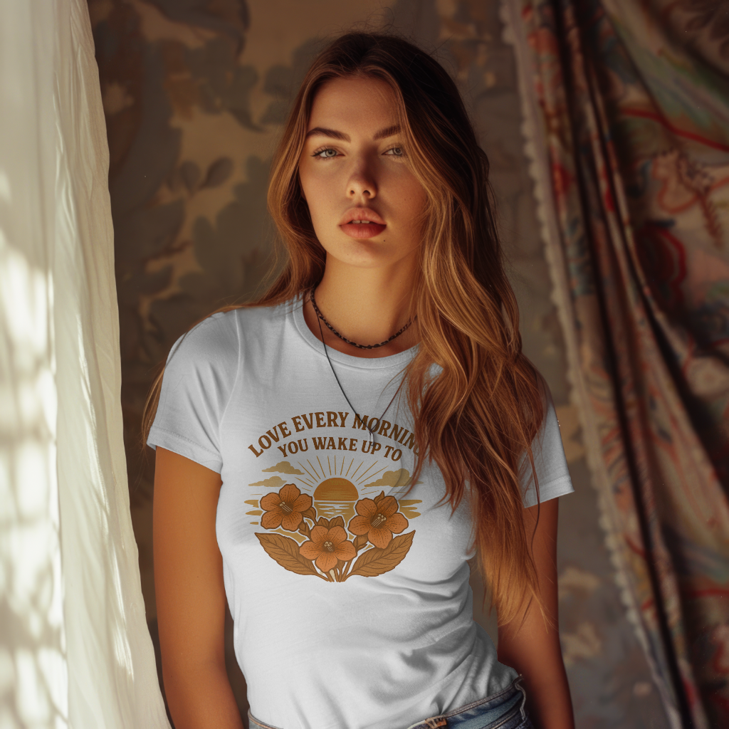Love Every Morning You Wake Up To Inspirational Apparel – Sunrise & Kohleria Flower T-Shirt | OFAPOD Love & Unity Collection