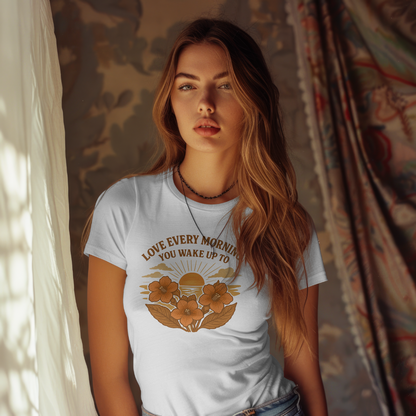 Love Every Morning You Wake Up To Inspirational Apparel – Sunrise & Kohleria Flower T-Shirt | OFAPOD Love & Unity Collection